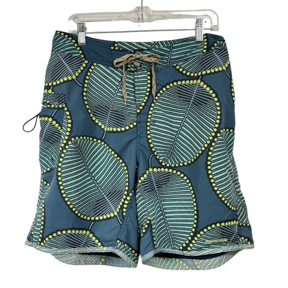 Patagonia Size 33 Leaf Print Lined Board Shorts Trunks Surf Swim Teal Yellow - Picture 1 of 9